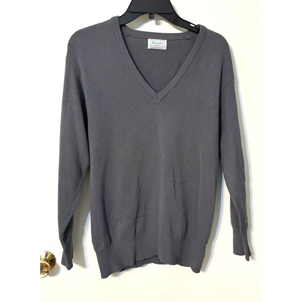 Benetton Pure Virgin Wool Gray V-Neck Sweater Men's Small EU 48 Made Italy